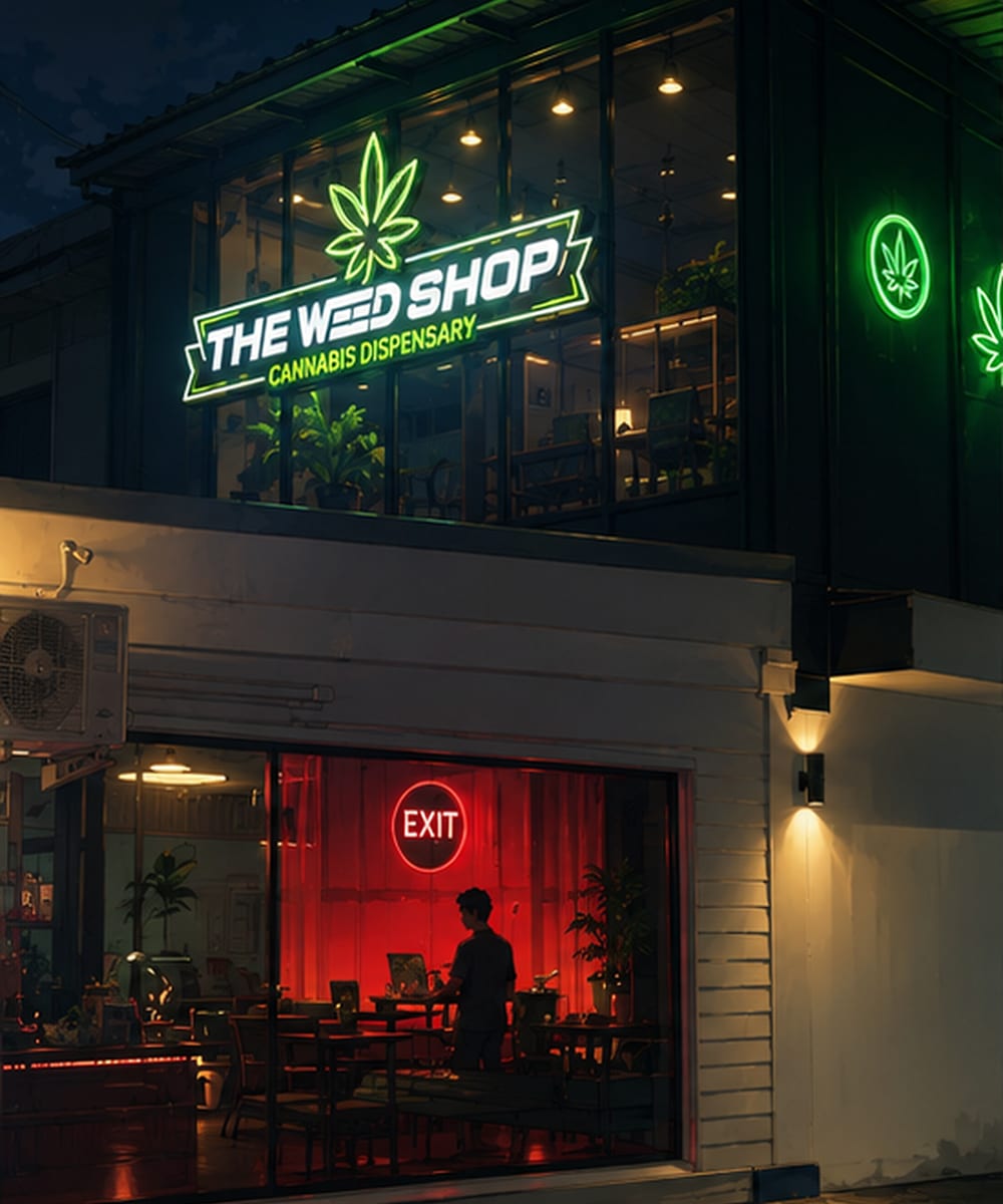 Illustration of The Weed Shop storefront at night with a green neon leaf sign and a red lit seating area window