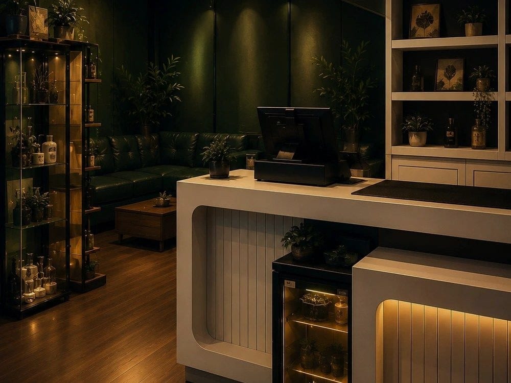 Illustration of a dispensary reception corner with a dark green leather sofa, glass display cabinets, and potted plants in warm light