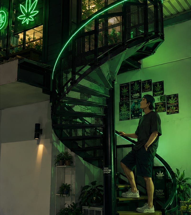 Illustration of the neon lit spiral staircase outside The Weed Shop